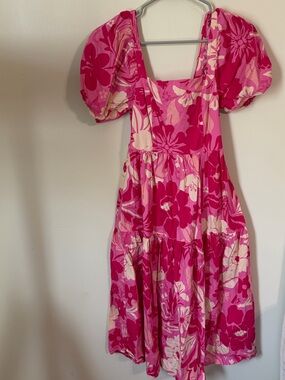 Pink Floral Puff Sleeve Midi Dress
